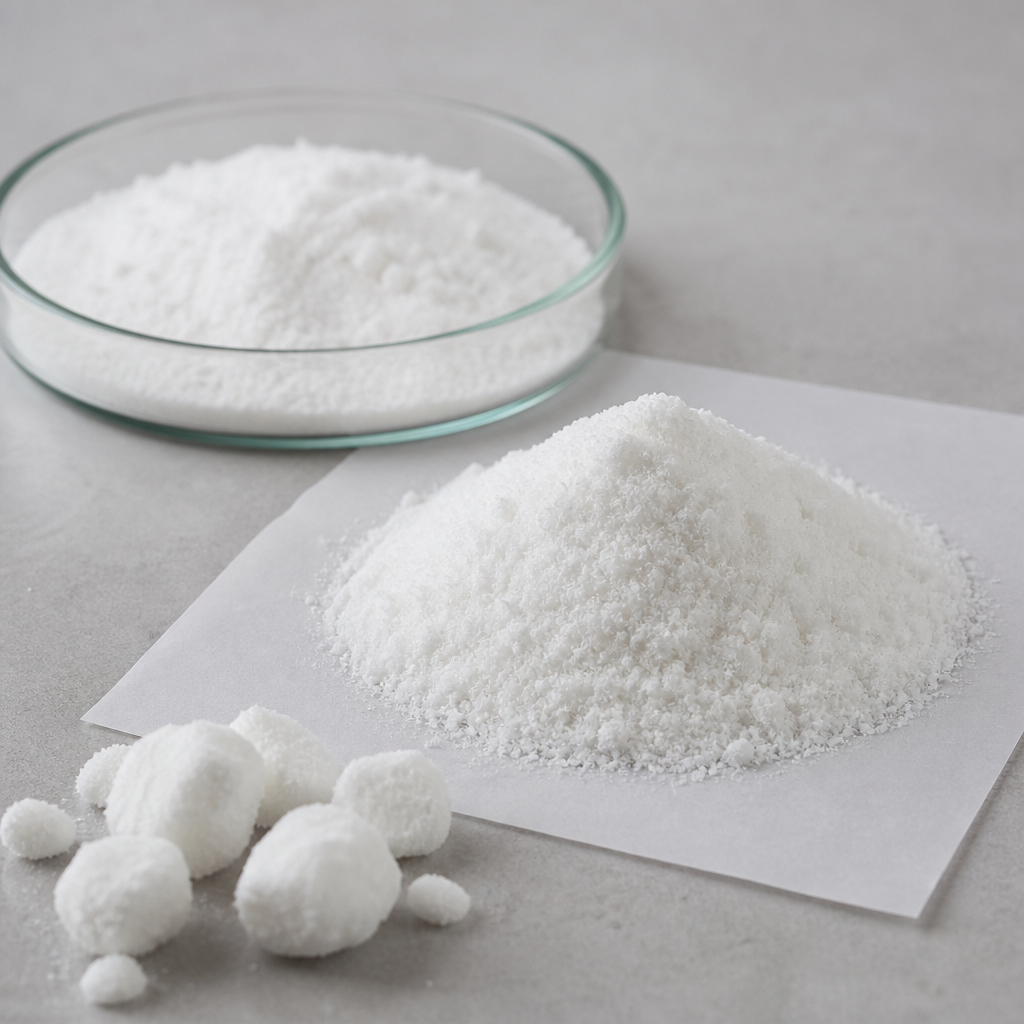Light fine white crystalline L-arginine base powder mounded on plain white weighing paper with a wide clear glass crystallizing dish of the same powder behind and a few soft loose rounded agglomerates in front