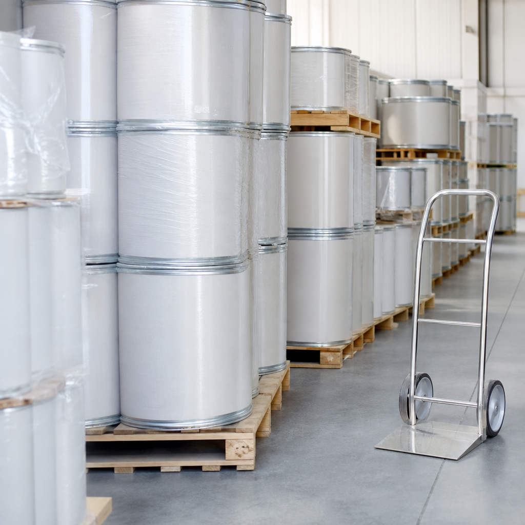 Plain white fibre drums stacked on wooden pallets in warehouse rows with shrink-wrapped pallets and a stainless steel hand truck standing in the foreground aisle