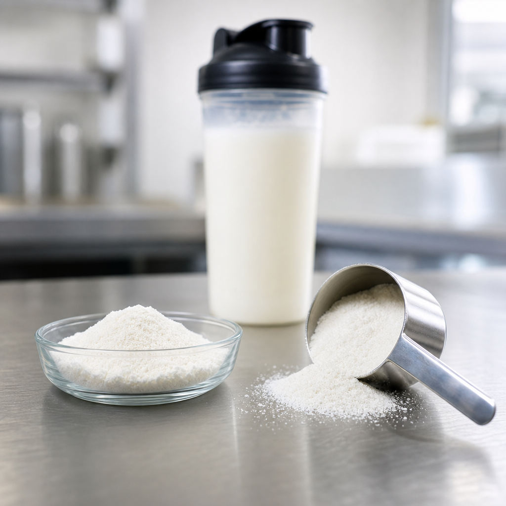 Small glass dish of fine white crystalline powder and a stainless steel scoop tipped forward with the powder spilled beside it on a brushed steel sports nutrition worktop