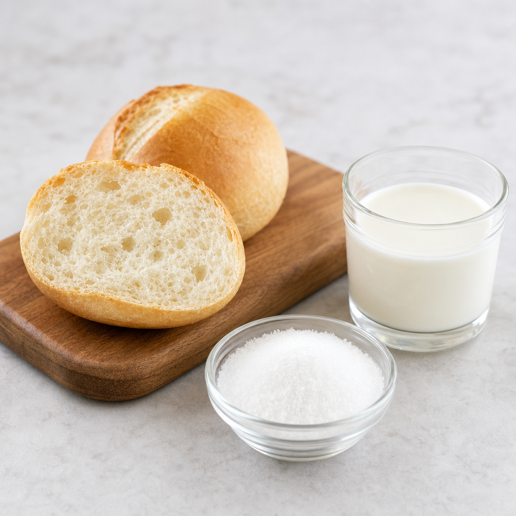 Crusty bread roll cut in half on a small wooden board and a glass of milk arranged beside a small glass dish of fine white crystalline powder on a light neutral surface