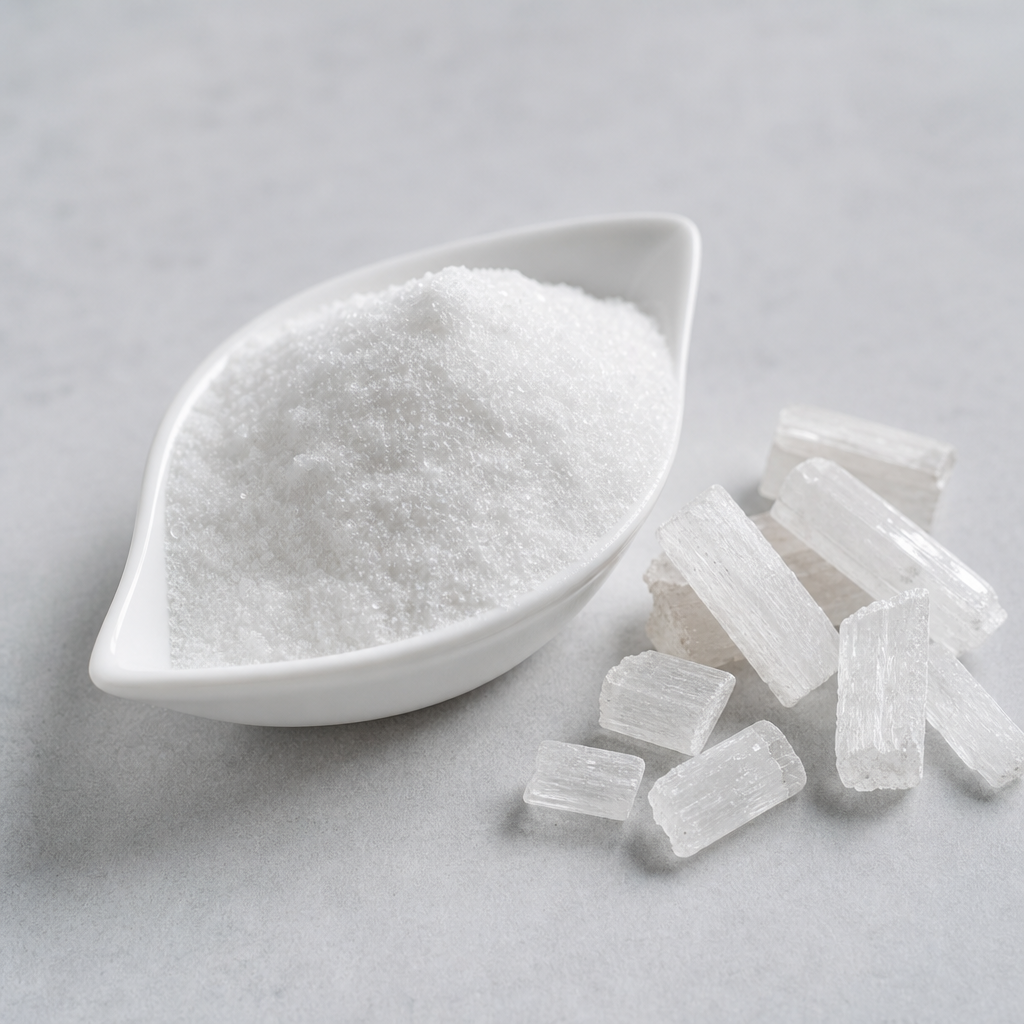 Fine white crystalline L-citrulline powder filling a small white boat-shaped weighing dish with chunky white prismatic crystals beside it showing clean flat crystal faces