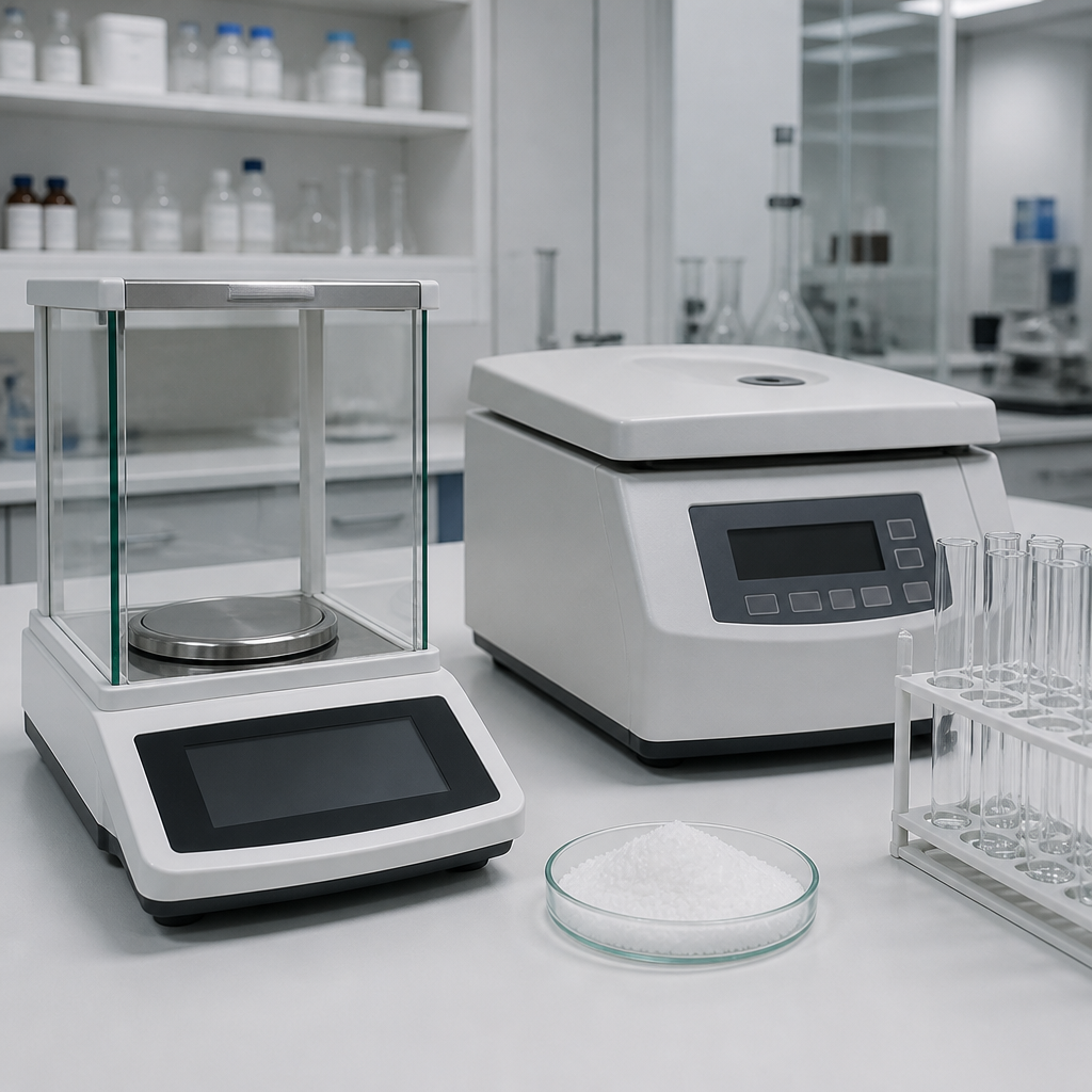 Analytical quality-control laboratory bench with an analytical balance and a bench-top centrifuge with blank unlit displays, a glass dish of fine white crystalline powder and a rack of empty test tubes