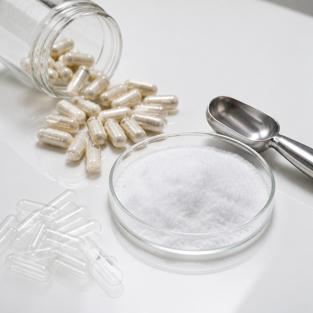 Clear glass bottle tipped on its side with plain two-piece capsules spilling onto a clean white worktop beside a glass dish of fine white crystalline powder and a stainless steel scoop
