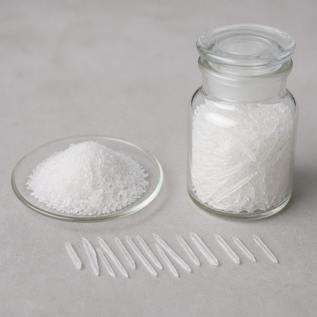 Clear glass dish of fine white crystalline powder beside a row of loose elongated needle-like white crystals and a small sealed glass jar of the same crystals