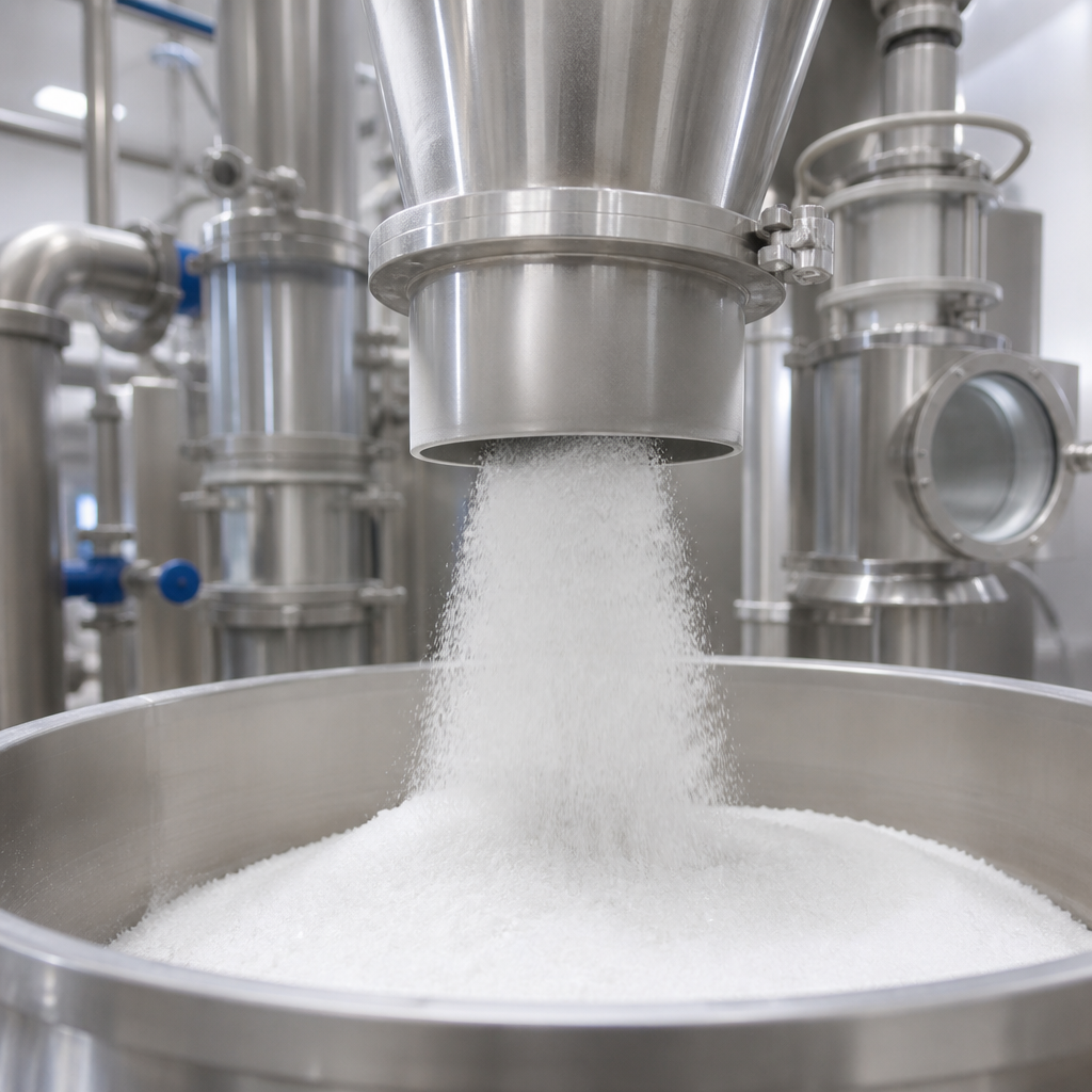 Fine white crystalline powder cascading from the stainless steel outlet of a cyclone separator into a wide stainless steel receiving bin in an ingredient processing plant