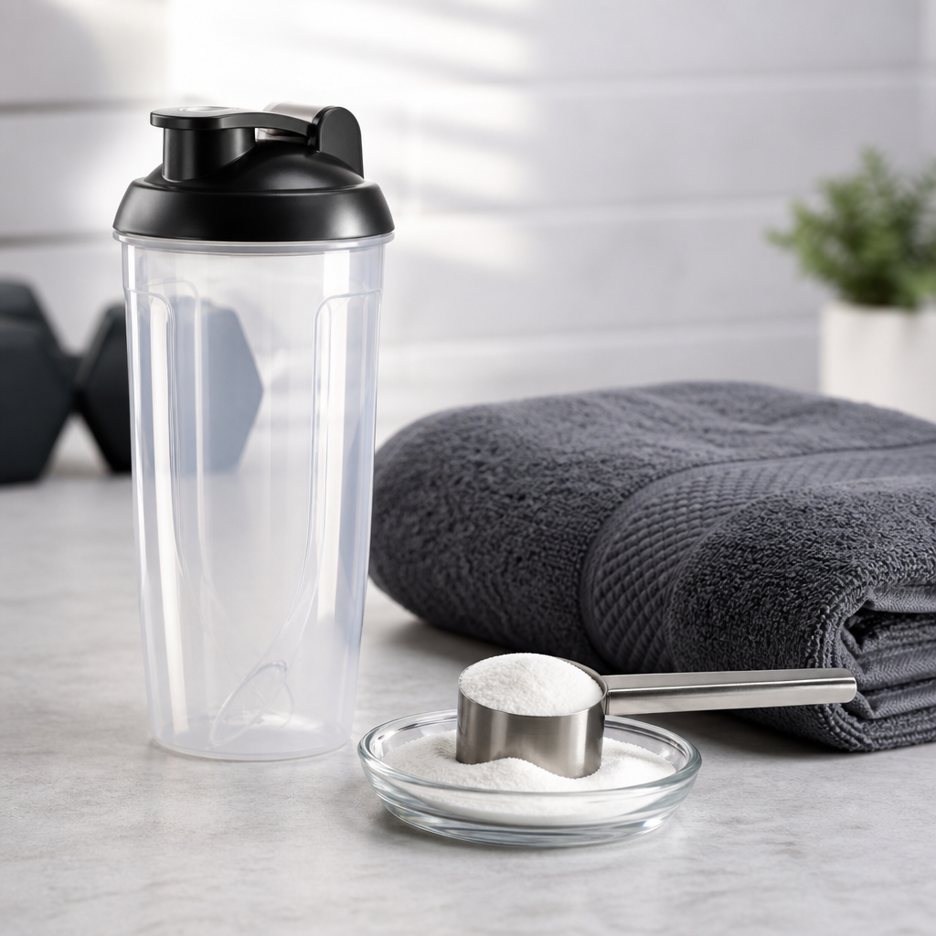 Clear shaker bottle standing beside a folded dark grey gym towel with a stainless steel scoop of fine white crystalline powder resting in a small glass dish