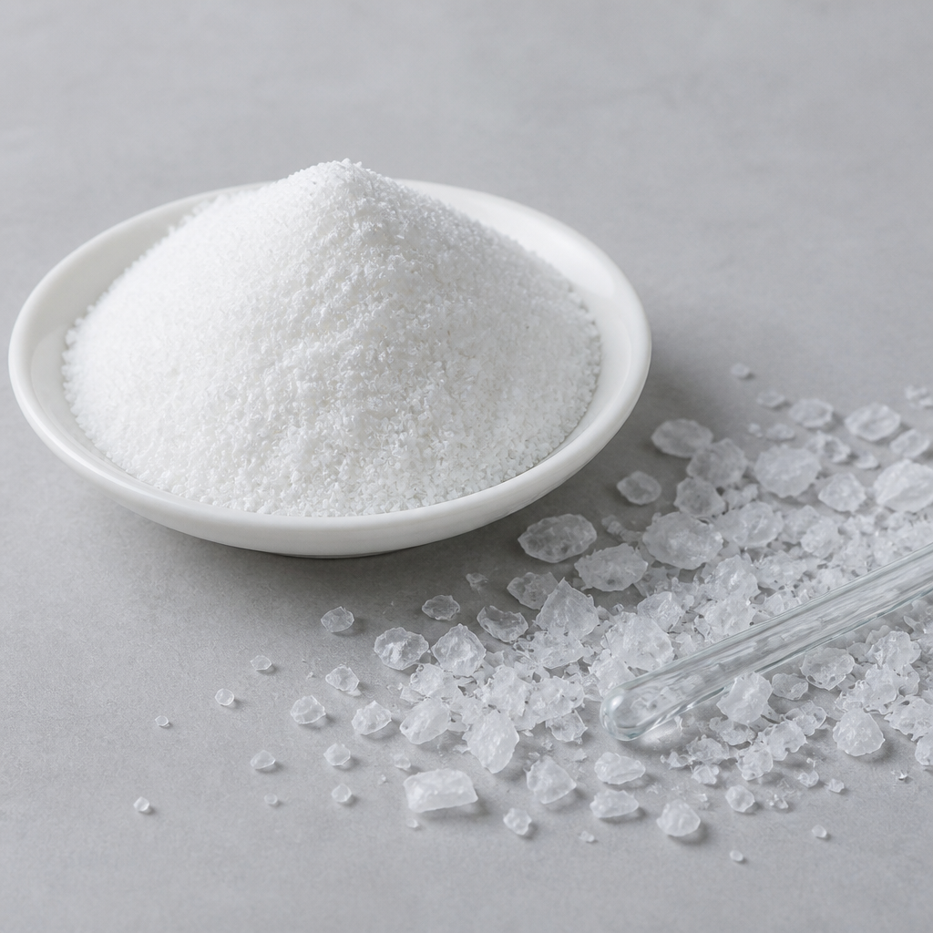 Fine white crystalline L-cysteine powder heaped in a small white ceramic dish with larger loose flake-like white crystals scattered beside it and a clear glass stirring rod
