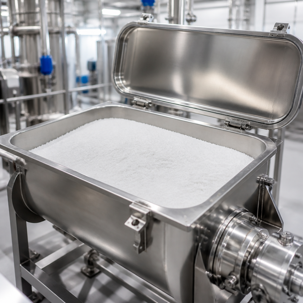 Polished stainless steel ribbon blender with its lid open, horizontal trough evenly filled with fine white crystalline powder inside a hygienic ingredient processing plant