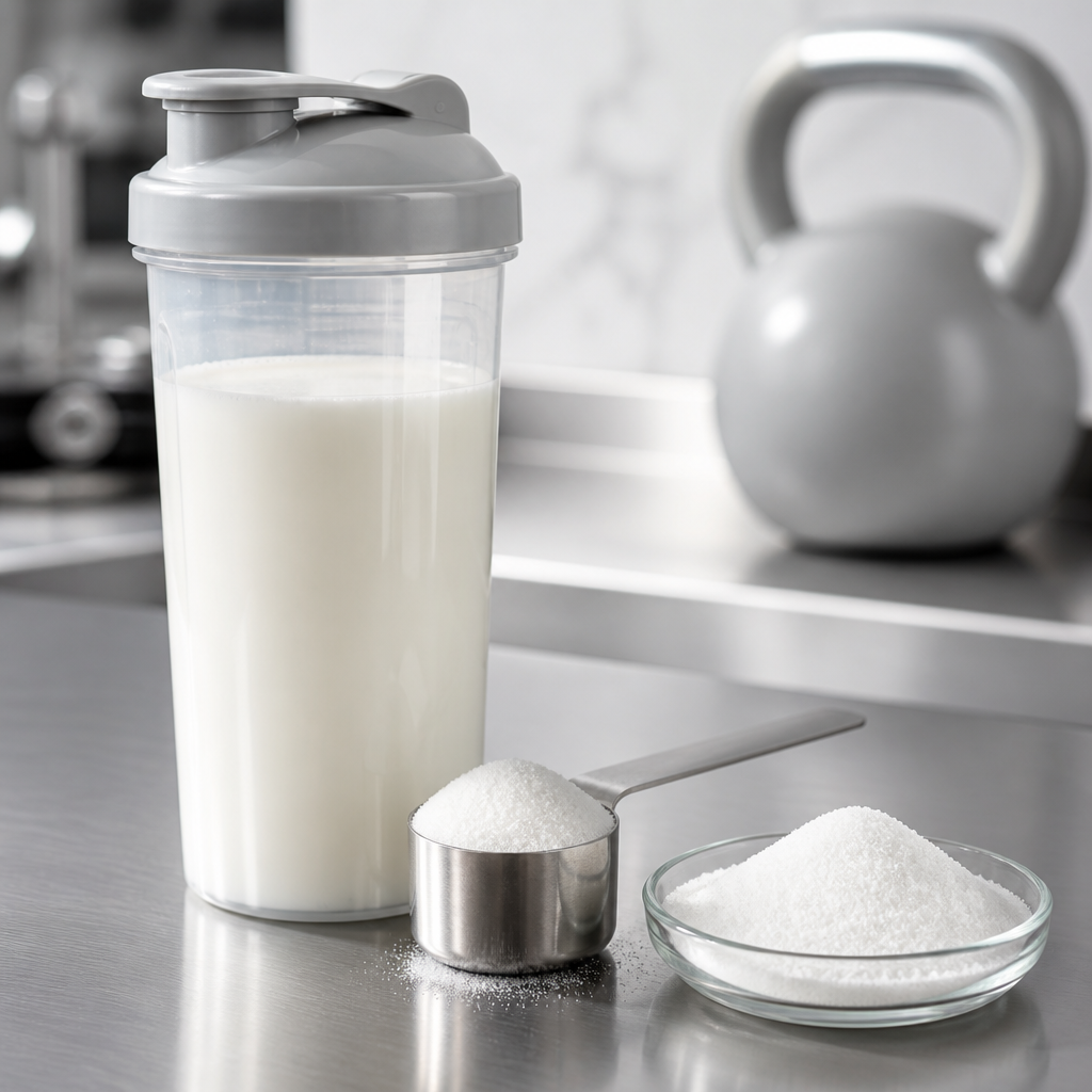 Clear shaker bottle of opaque milky drink beside a stainless steel scoop of fine white crystalline powder and a small glass dish of the same powder with a light grey kettlebell out of focus behind