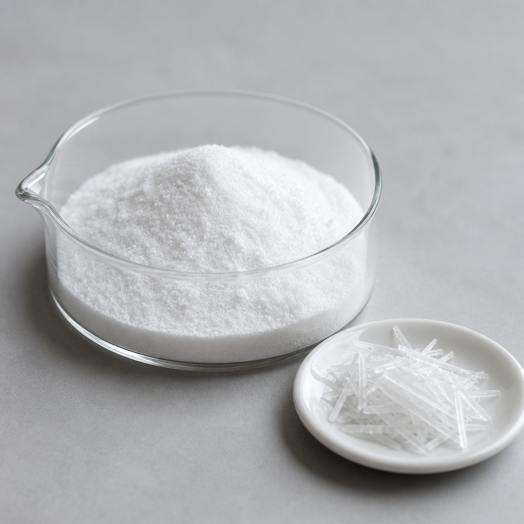 Fine white crystalline L-histidine powder heaped in a low clear glass beaker beside a small cluster of bright white needle-like crystals arranged on a white glazed saucer