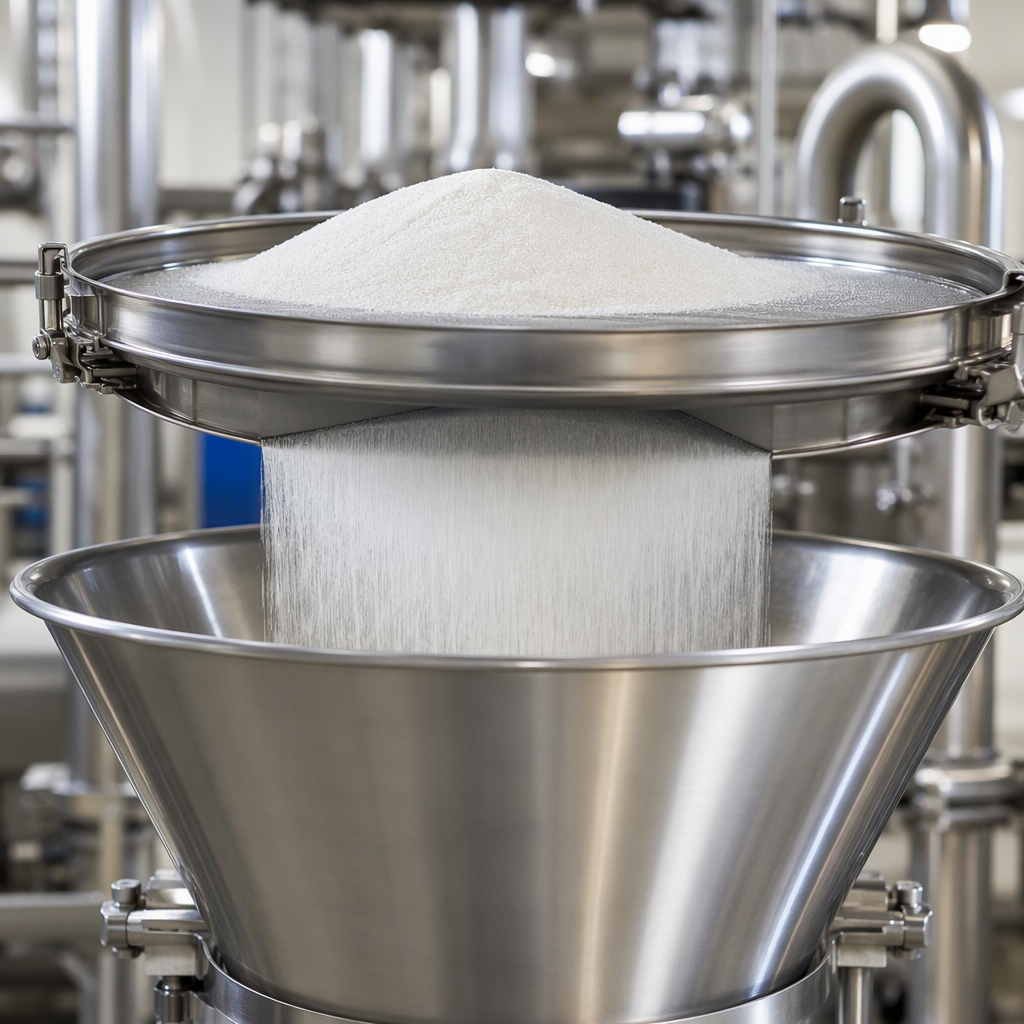 Fine white crystalline L-lysine monohydrochloride powder passing across a stainless steel rotary sifting screen into a conical stainless steel hopper in a processing plant