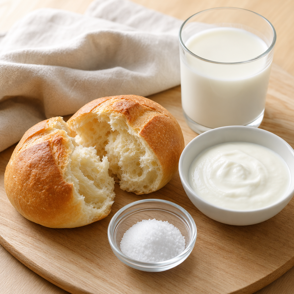 Torn crusty bread roll, a glass of milk and a bowl of plain yogurt beside a small glass dish of fine white crystalline L-lysine monohydrochloride powder on a pale wooden board