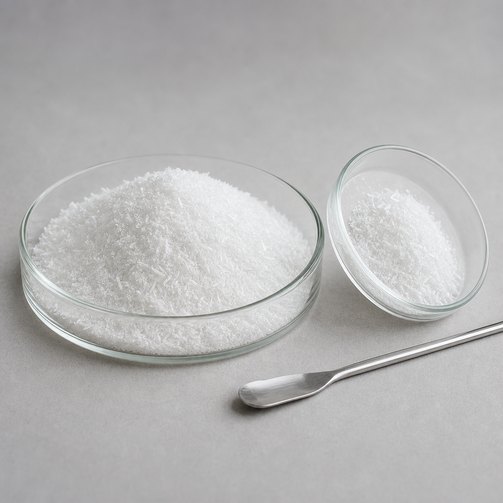 Fine white L-lysine monohydrochloride crystals shown as a mound of fine white crystalline powder in a shallow glass dish beside a tilted glass dish of the same crystals and a slim stainless steel spatula