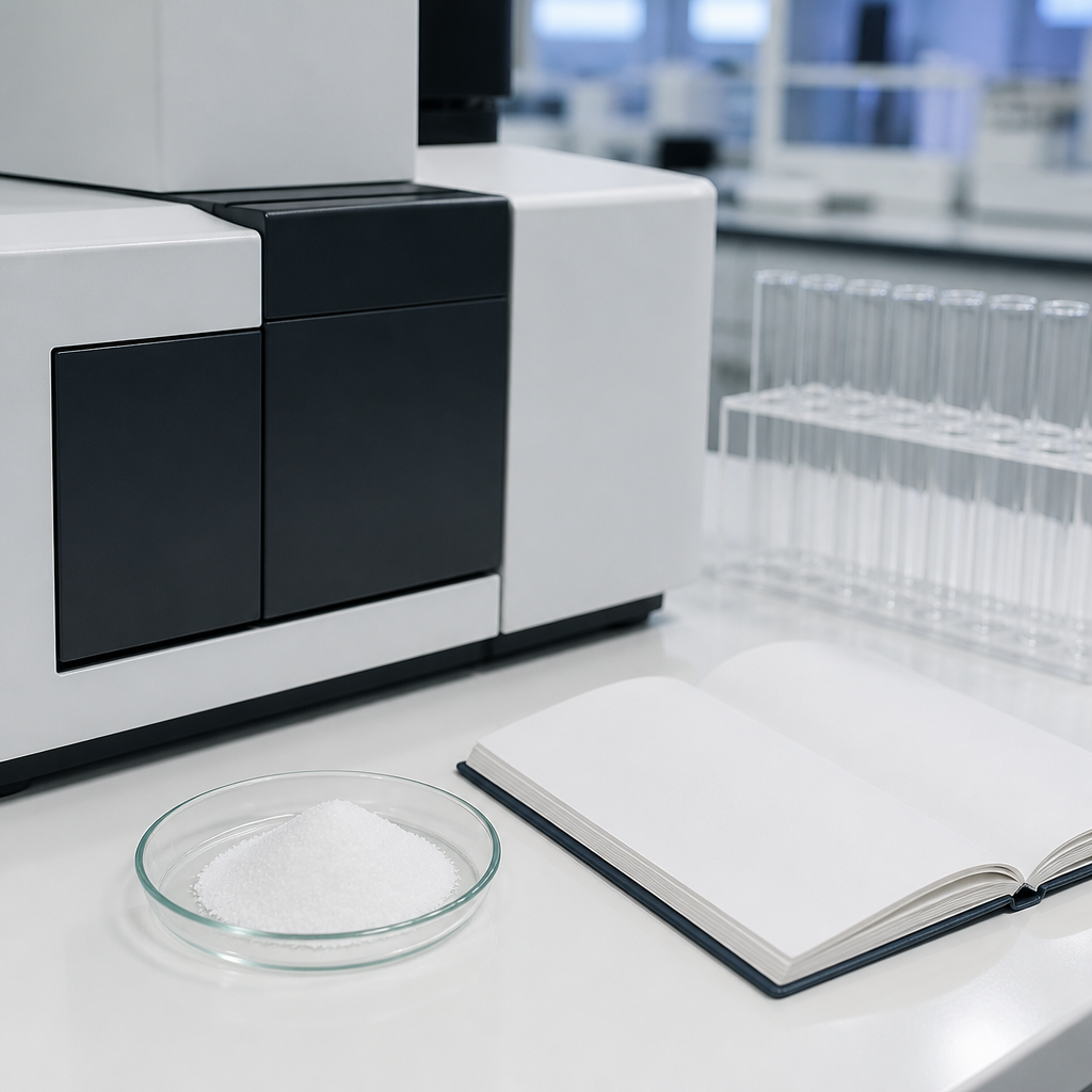 Analytical quality-control laboratory bench with an analytical instrument with blank dark panels beside a small clear glass dish of fine white crystalline powder and an open laboratory notebook with blank pages