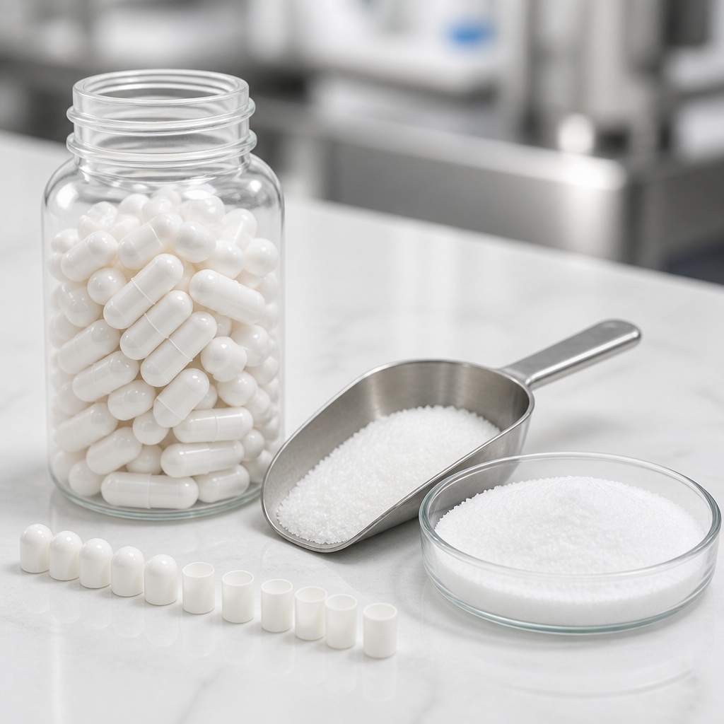 Clear bottle filled with plain white two-piece capsules beside a stainless steel scoop of fine white crystalline powder and a small glass dish of the powder on a supplement filling bench