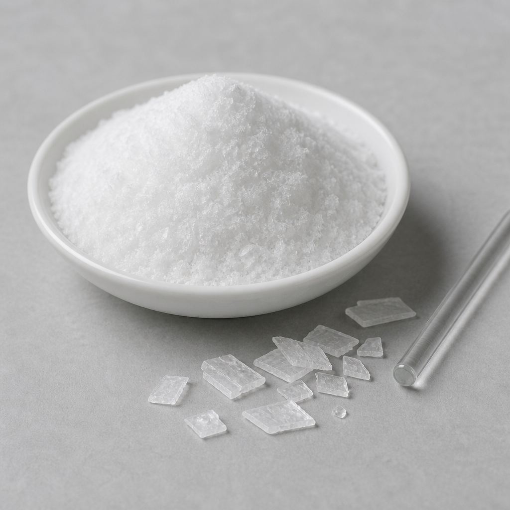 Fine white crystalline L-methionine powder heaped in a shallow white glazed porcelain dish with flat rhombic white plate crystals scattered in front beside a plain glass stirring rod