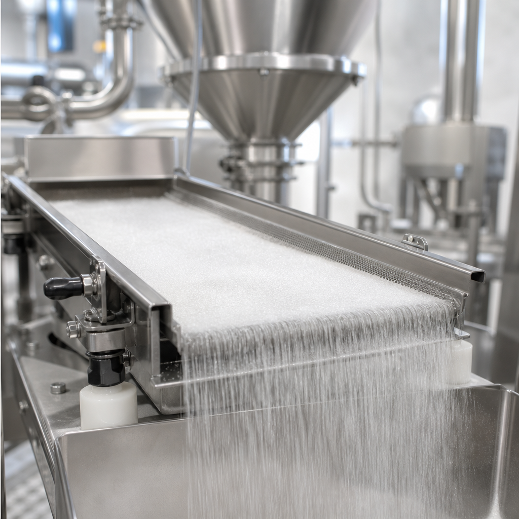 Fine white crystalline powder flowing through a rectangular stainless steel vibrating sieve in a thin even curtain inside an ingredient processing plant