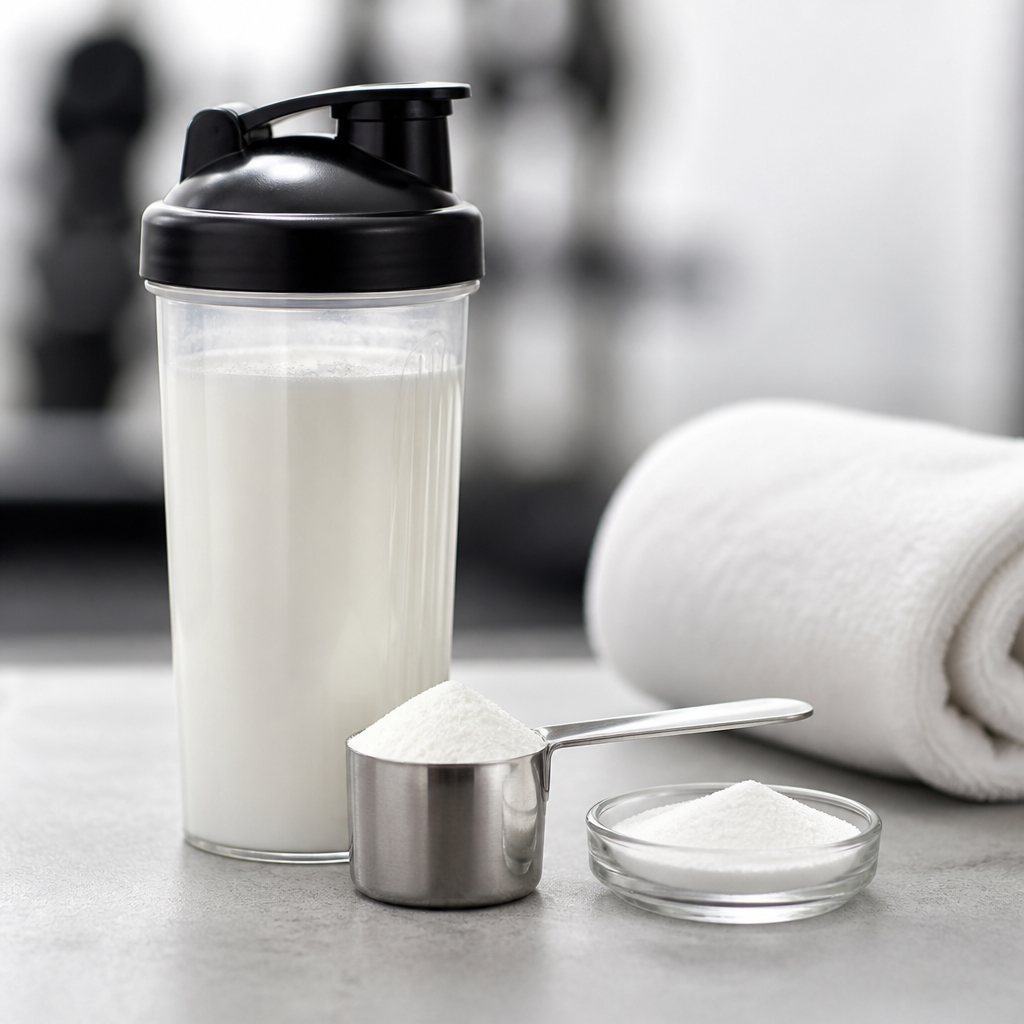 Clear shaker bottle filled with an opaque milky drink beside a stainless steel scoop of fine white crystalline powder and a small glass dish of the powder on a sports nutrition bench