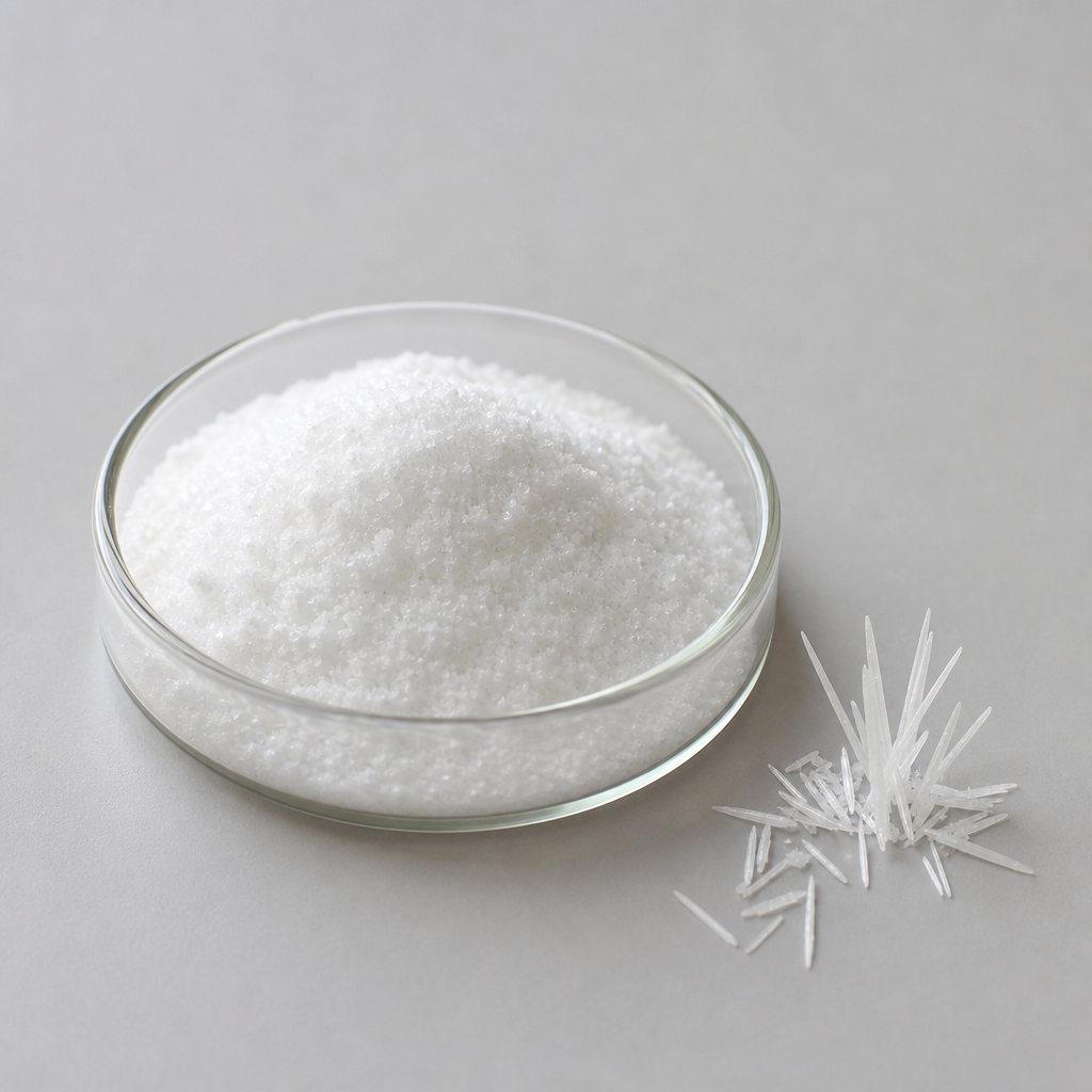 Fine white crystalline L-ornithine monohydrochloride powder heaped in a shallow clear glass dish beside a small cluster of slender needle-shaped white crystals showing their natural crystalline structure