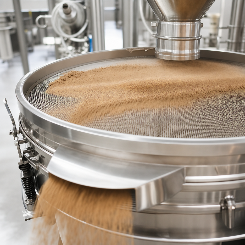 Fine tan to brown powder travelling across the mesh screen of a stainless steel vibrating sifter with a soft curtain of powder falling through it in an ingredient processing plant