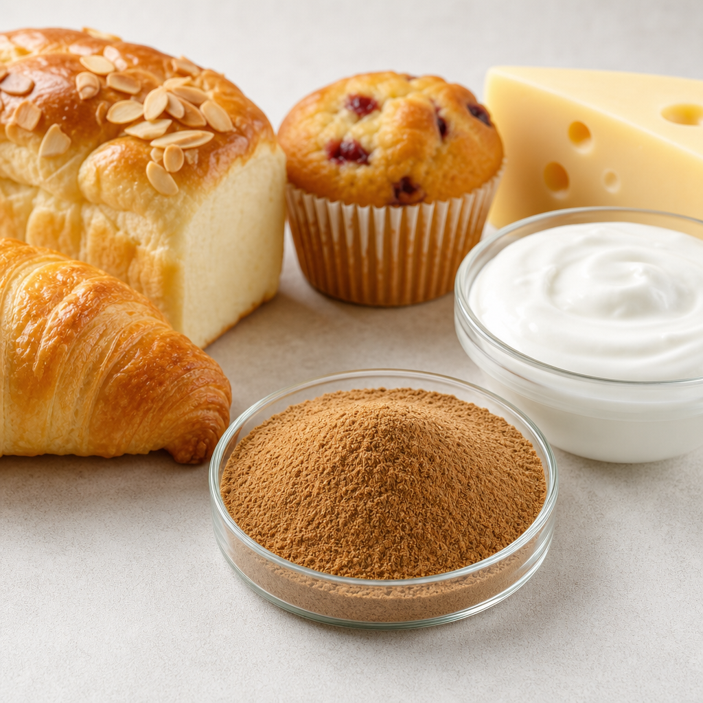 Baked goods and a dairy-style product arranged beside a small glass dish of fine tan to brown powder on a light neutral surface