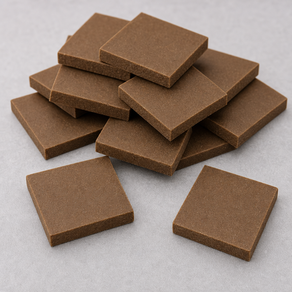 Dried uniform medium-brown slab-like pieces of a dried protein raw material with a dense fine even grain and smooth matte dry cut faces, stacked on a neutral light-grey surface