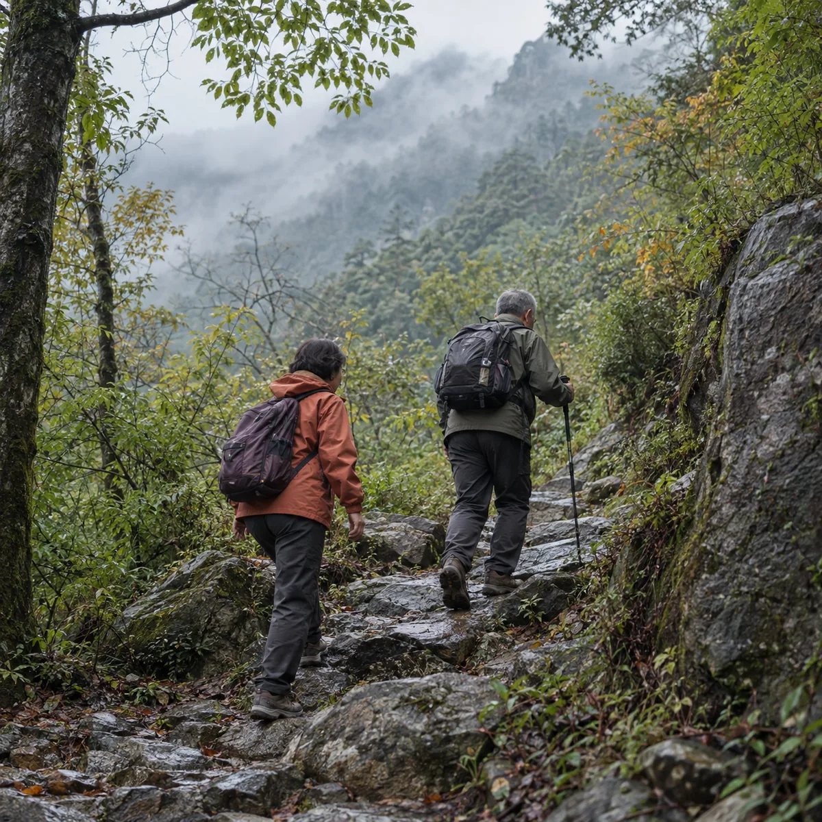 Older adults hiking on a mountain trail for joint and mobility formulation