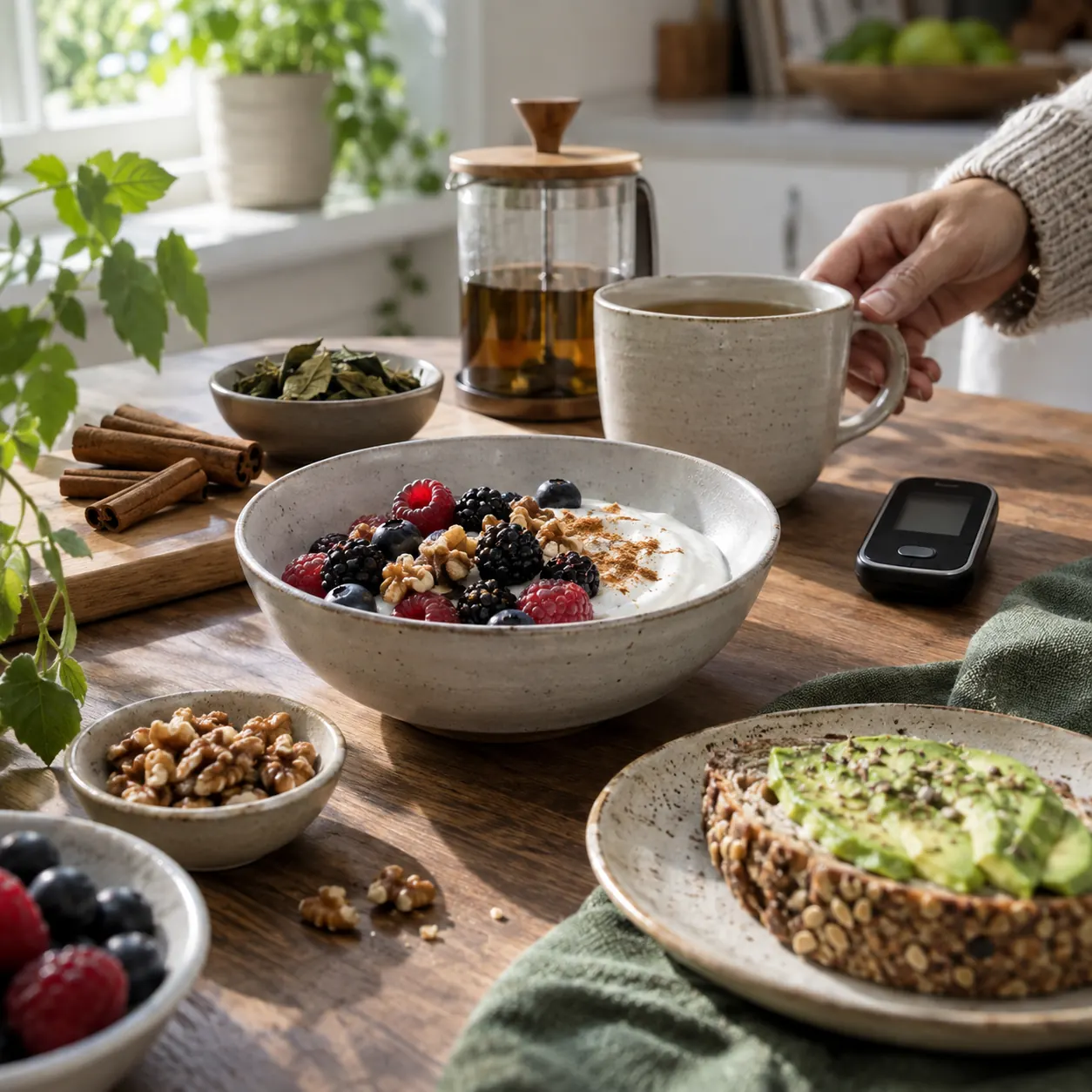Healthy breakfast with berries, cinnamon, mulberry leaves and an unbranded glucose meter