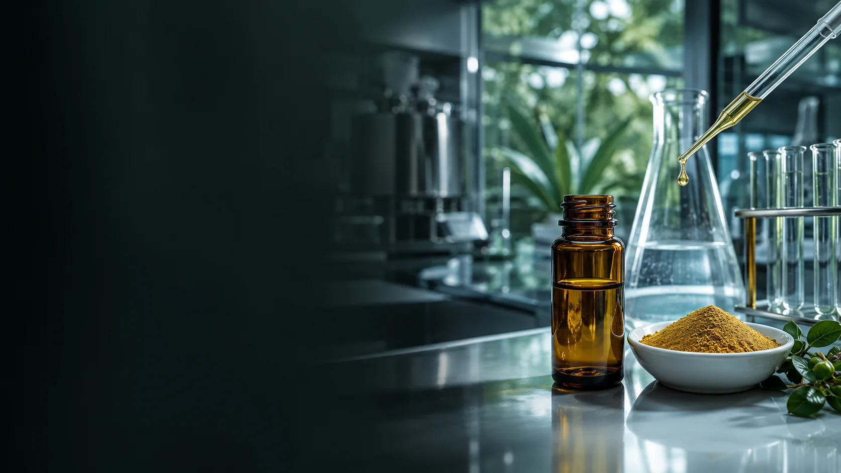 Conceptual botanical extract quality-control laboratory scene