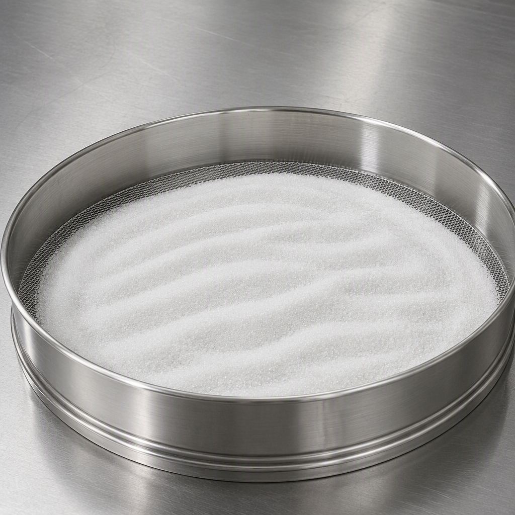 Matrine powder agitated across a stainless steel sieving tray