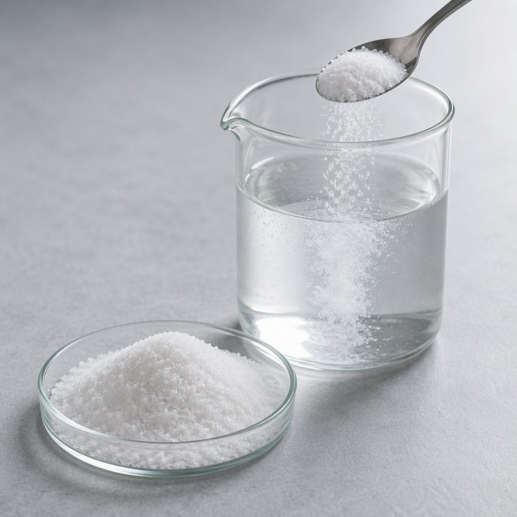 Matrine powder dissolving in a beaker of water beside a dish of the dry powder