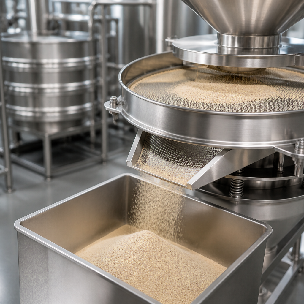 Fine light-tan mussel peptide powder passing through a stainless steel vibrating sieve into a collection bin in a processing plant