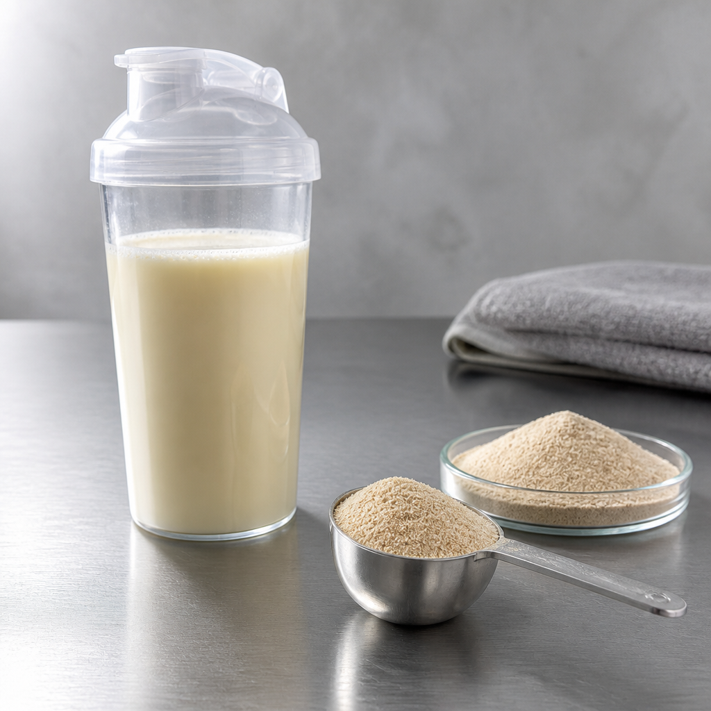 Fine light-tan mussel peptide powder in a stainless steel scoop and a small glass dish beside a sports nutrition shaker bottle