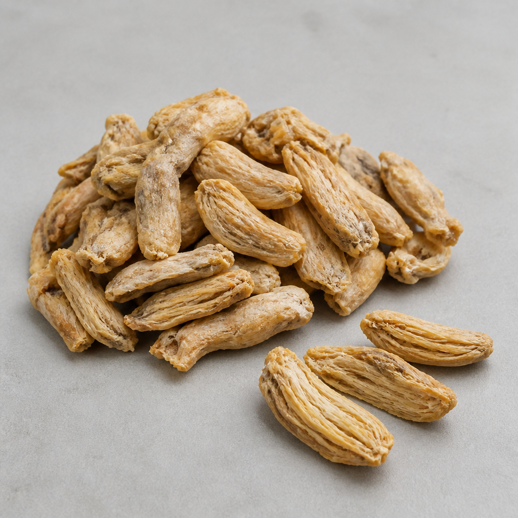 Dried deshelled mussel meat pieces with a fibrous dried surface beside a heap of fine light-tan mussel peptide powder