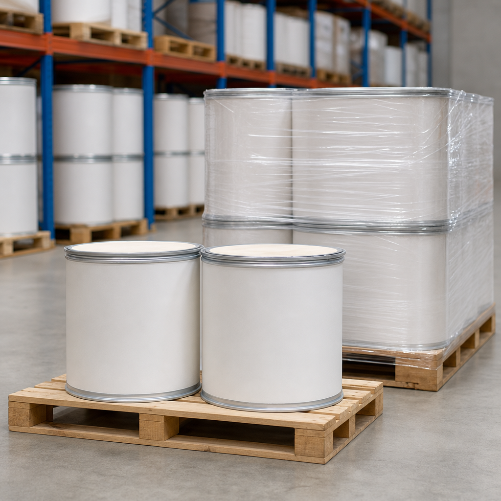 Ingredient warehouse with a low wooden pallet in the foreground carrying two white fibre drums beside a stretch-wrapped pallet of white drums, further rows of white drums and plain steel racking softly out of focus behind