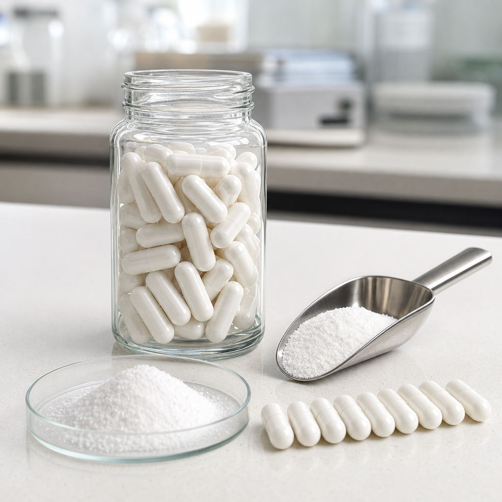 Clear glass jar filled with plain white two-piece capsules on a clean light worktop beside a stainless steel scoop of fine white crystalline powder, a small glass dish of the same powder and a row of empty white capsules