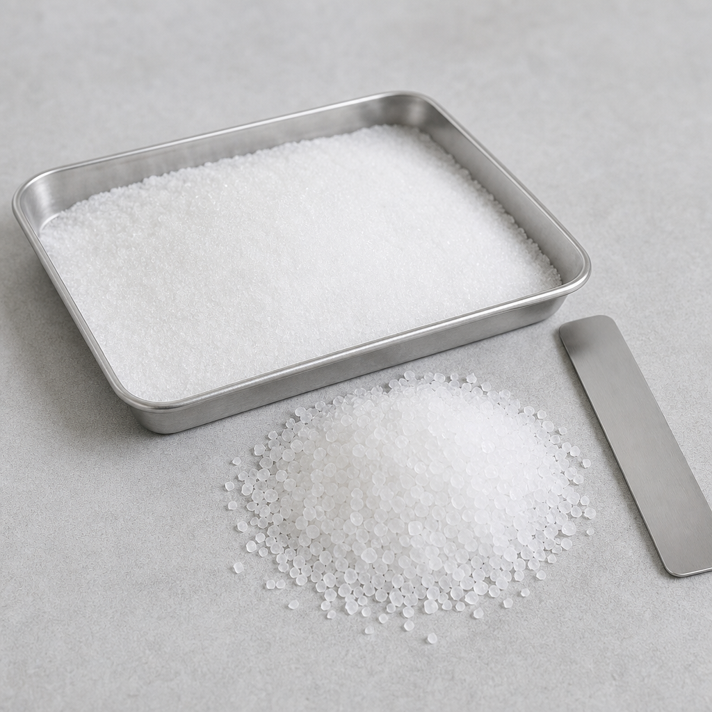 Fine white crystalline N-acetyl-L-cysteine powder spread across a shallow rectangular stainless steel tray with a loose heap of coarse white crystalline granules arranged beside it on a neutral surface and a slim stainless steel scraper resting flat at the right