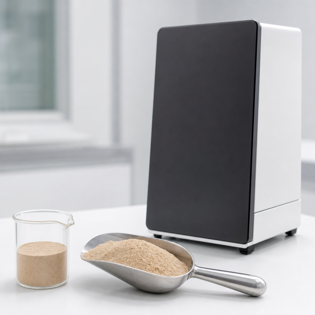 Quality-control laboratory bench with a bench-top instrument with a blank dark front panel, a stainless steel scoop of fine tan peptide powder and a small glass beaker of the powder