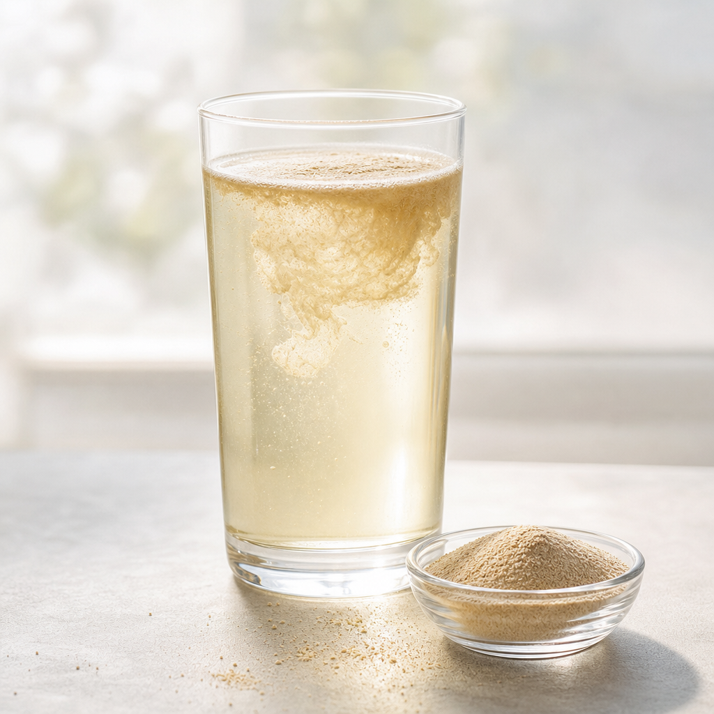Tall glass of a pale beverage with fine tan peptide powder dissolving at the surface, beside a small glass dish of the powder