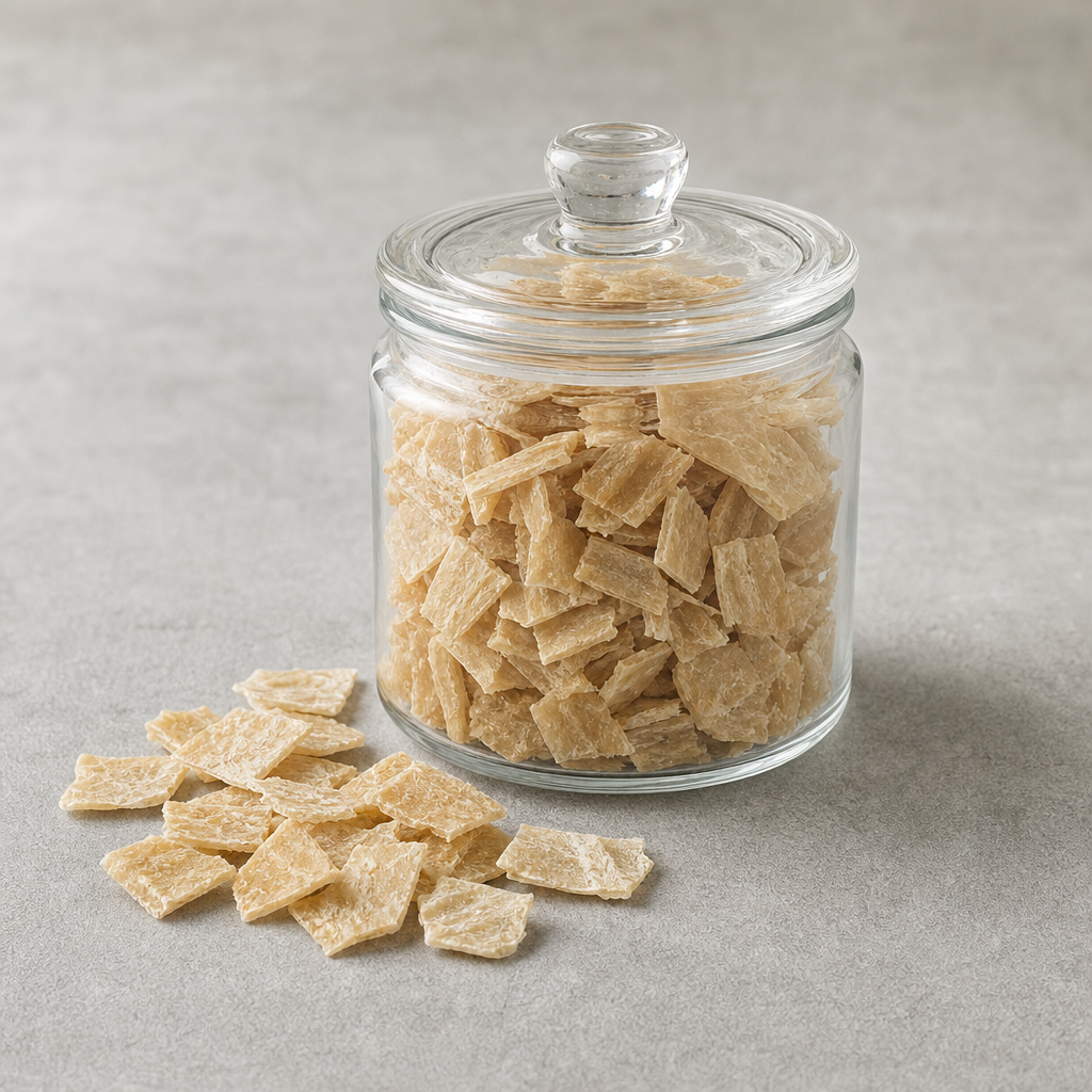Clear lidded glass jar filled with dried pale tan collagen chips beside the same chips spilled loosely on a neutral surface