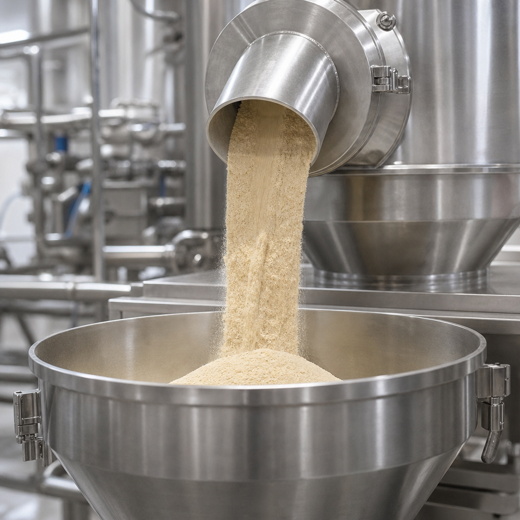 Fine light-tan powder falling from a stainless steel discharge chute into a stainless steel receiving vessel in an ingredient processing plant