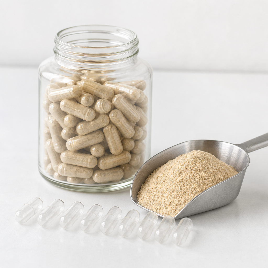 A clear glass jar filled with two-piece capsules beside a stainless steel scoop of fine light-tan powder and a short row of empty capsules on a clean light worktop