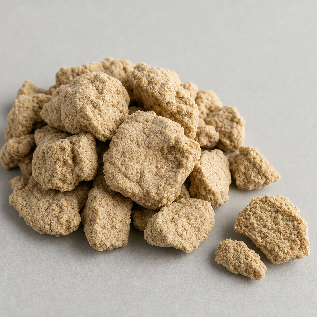 Dried pale tan to beige granular lumps of a dried mammalian protein raw material with a matte dry surface, fine even grain and irregular broken edges, heaped on a neutral light-grey surface