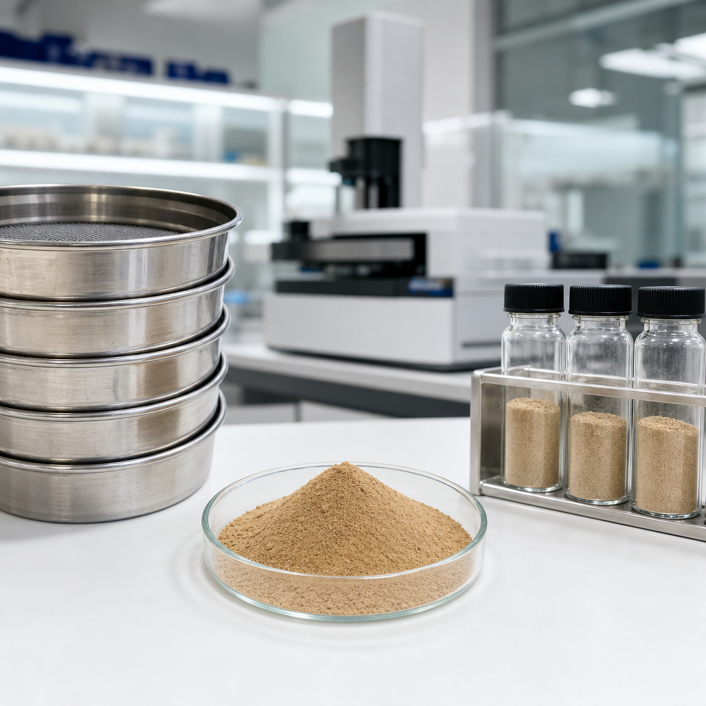 A stack of stainless steel analytical test sieves and clear glass sample vials of fine light-brown powder beside a glass dish of the powder on a white laboratory bench