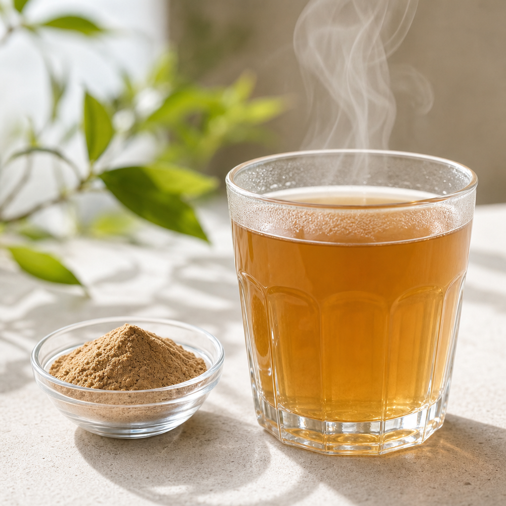 A short glass tumbler of warm light amber beverage with steam rising beside a small glass dish of fine light-brown polygonatum peptide powder on a light neutral surface