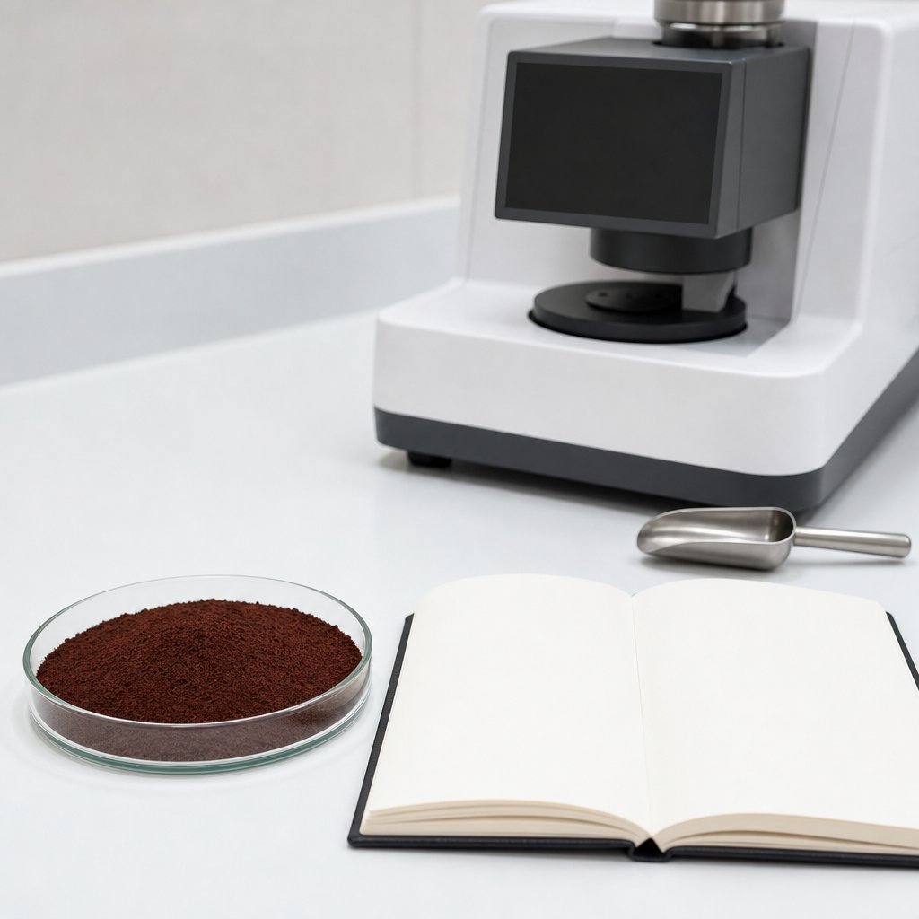 Analytical quality-control laboratory bench with a benchtop instrument with a blank screen, an open notebook with empty pages and a glass dish of dark reddish-brown peptide powder