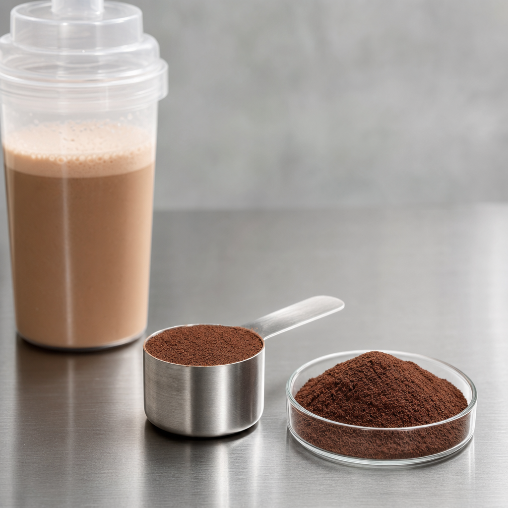 Clear shaker bottle of a mixed protein-style drink with a stainless steel scoop and a glass dish of fine dark reddish-brown peptide powder on a brushed steel worktop