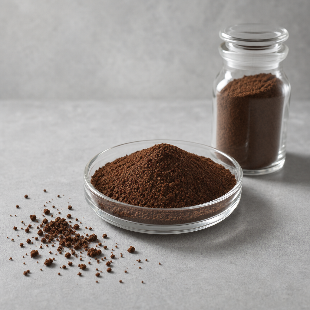 Dried porcine protein material shown as a fine dark-brown to reddish-brown powder in a shallow glass dish beside a sealed glass jar of the same powder with a few dry granules scattered around