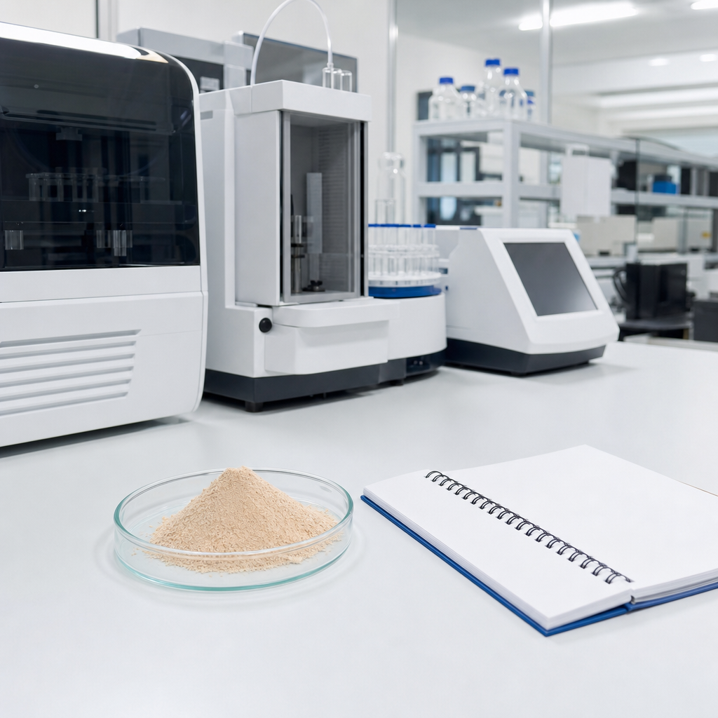 Fine light-tan peptide powder in a small glass dish beside analytical instruments and a notebook with blank pages on a white bench in a quality-control laboratory