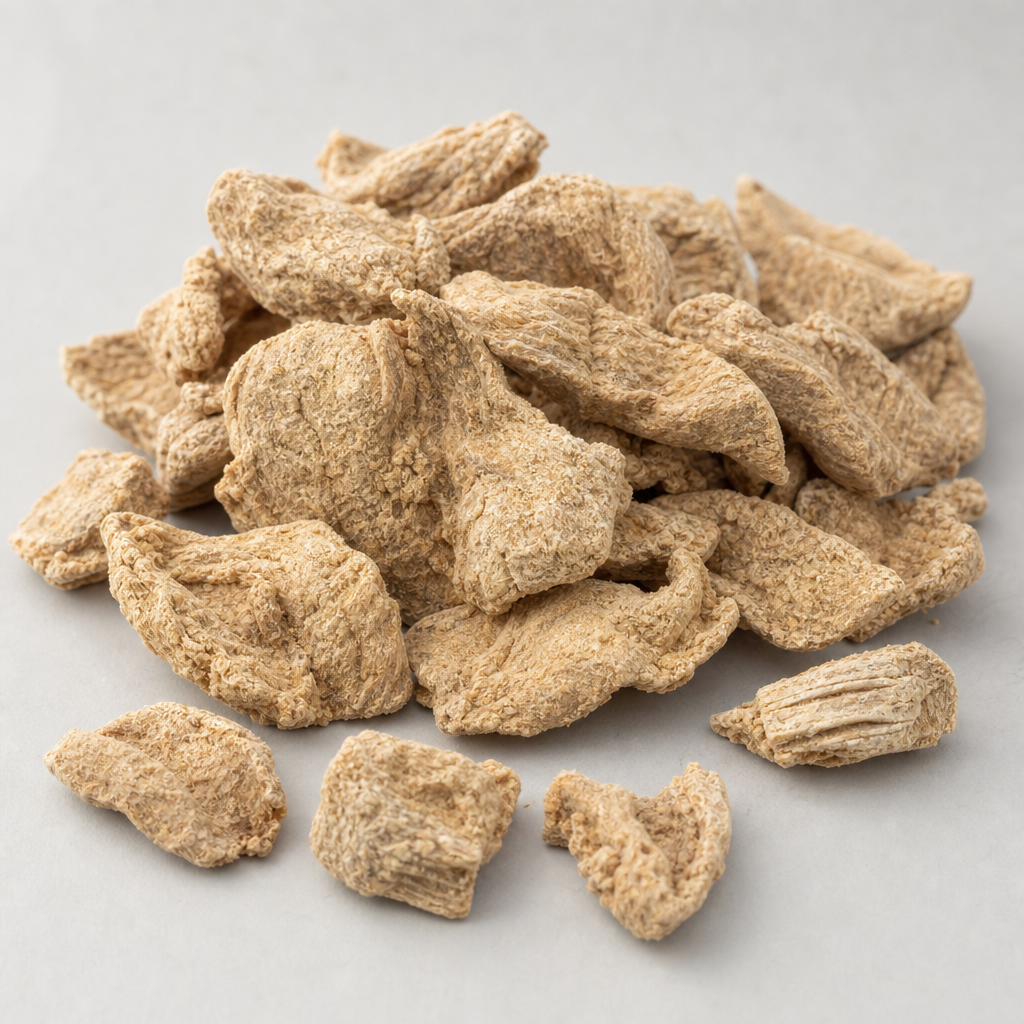 Dried pale-tan matte, finely granular pieces of a dried tissue raw material, arranged in a pile with a few pieces positioned to show their natural structure